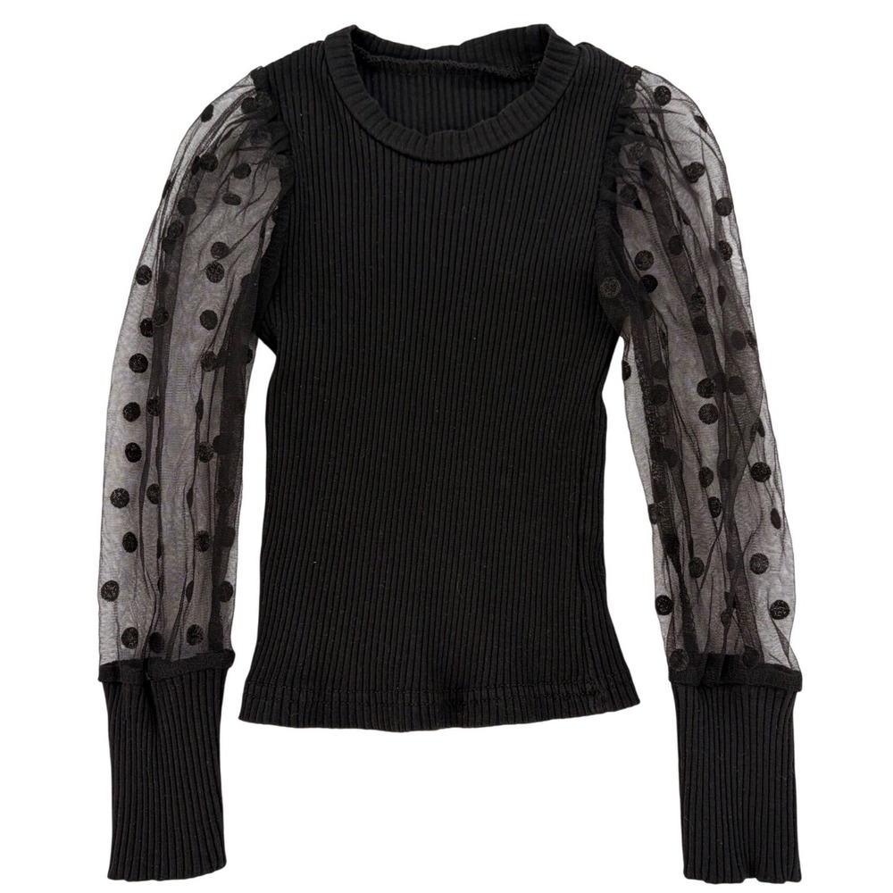 Black Mesh Polka Dot Puff Sleeve Ribbed Top Coquette Goth‎ Chic Size 90 (2T)